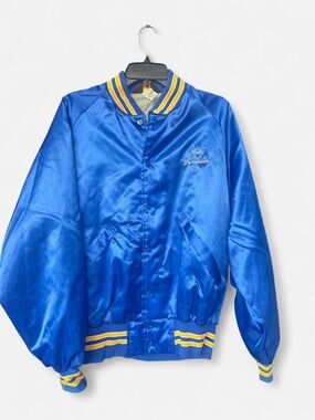 Blue Satin Varsity/Band Bomber Jacket with Yellow Stripe Trim
